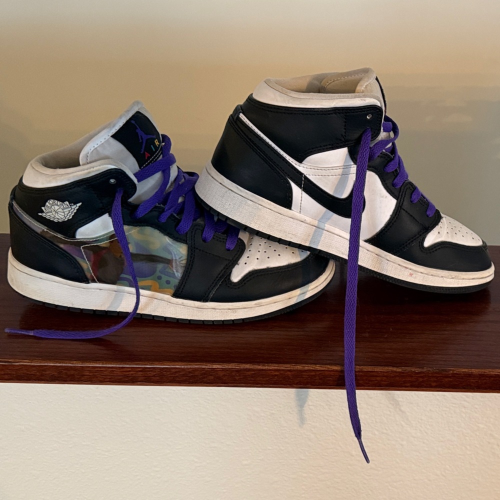Black and White Nike Air Jordan High-Top Sneakers with Purple Laces